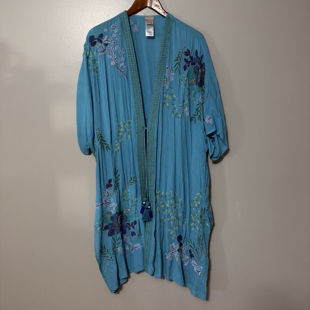 Chicos Aqua Blue Embroidered Beaded Duster Kimono Waist Tie XL Boho Beach Cover